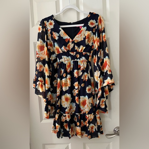 BETSEY JOHNSON floral flowy midi butterfly arm surplice neck  boho dress Navy 4 - Picture 1 of 7